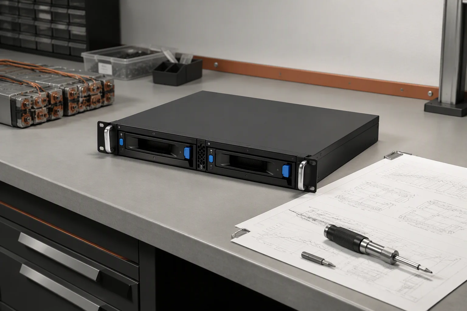 BBU chassis beside battery spec sheets on a desk