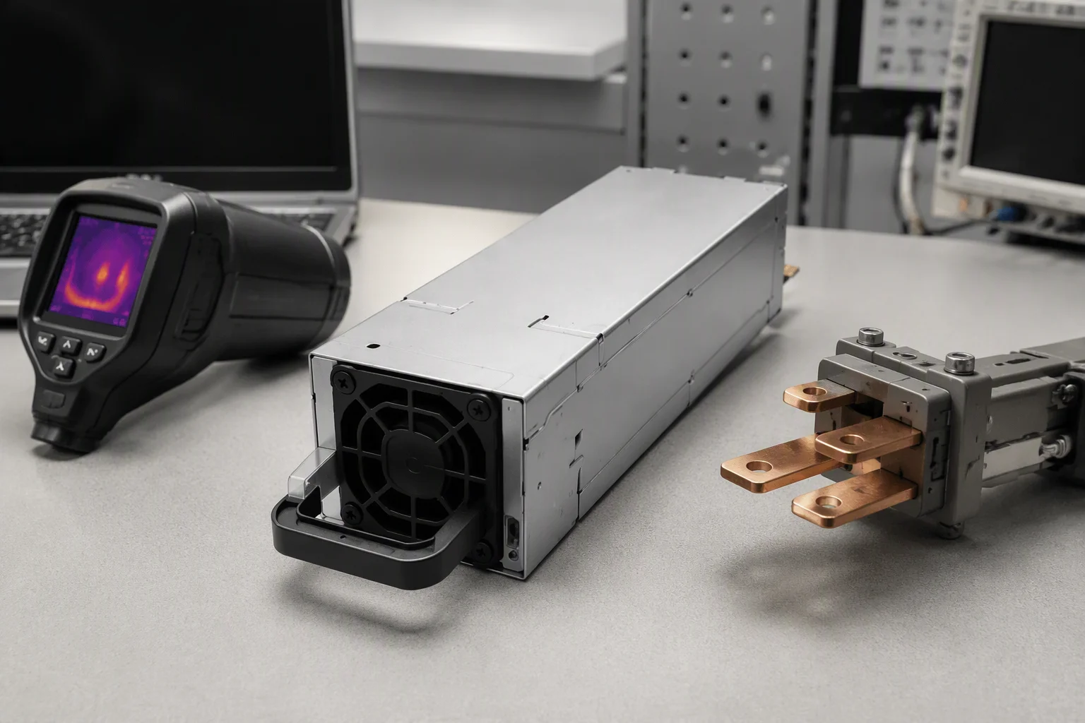 CRPS module on a lab bench beside test gear