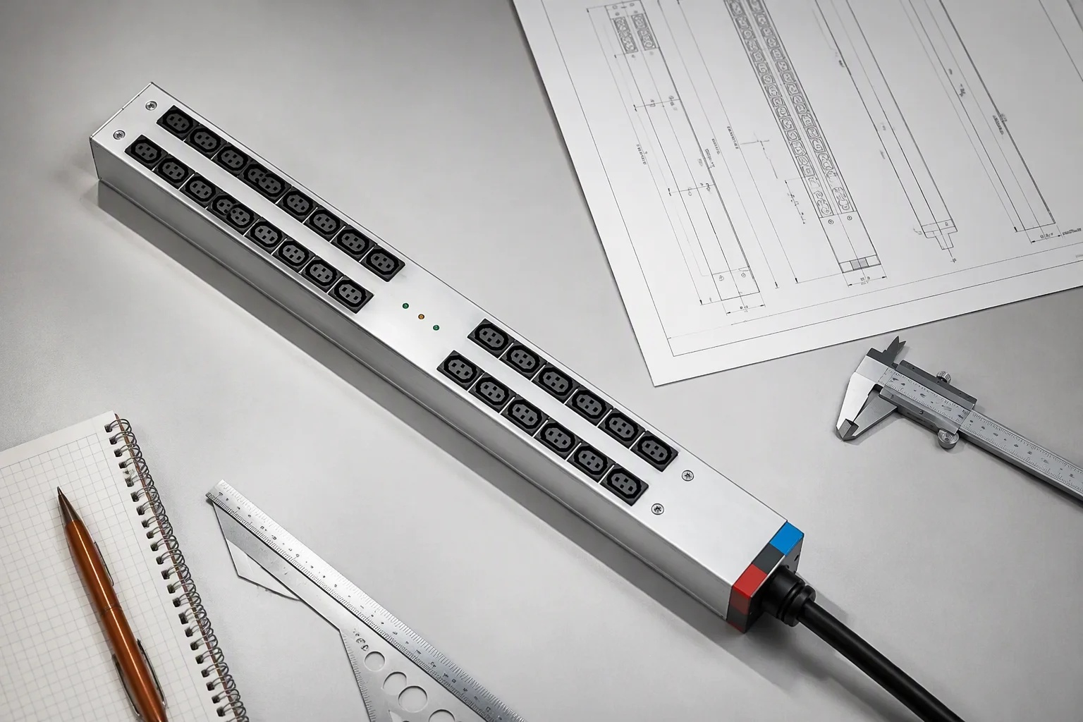 Rack PDU sample on an engineering desk with drawings