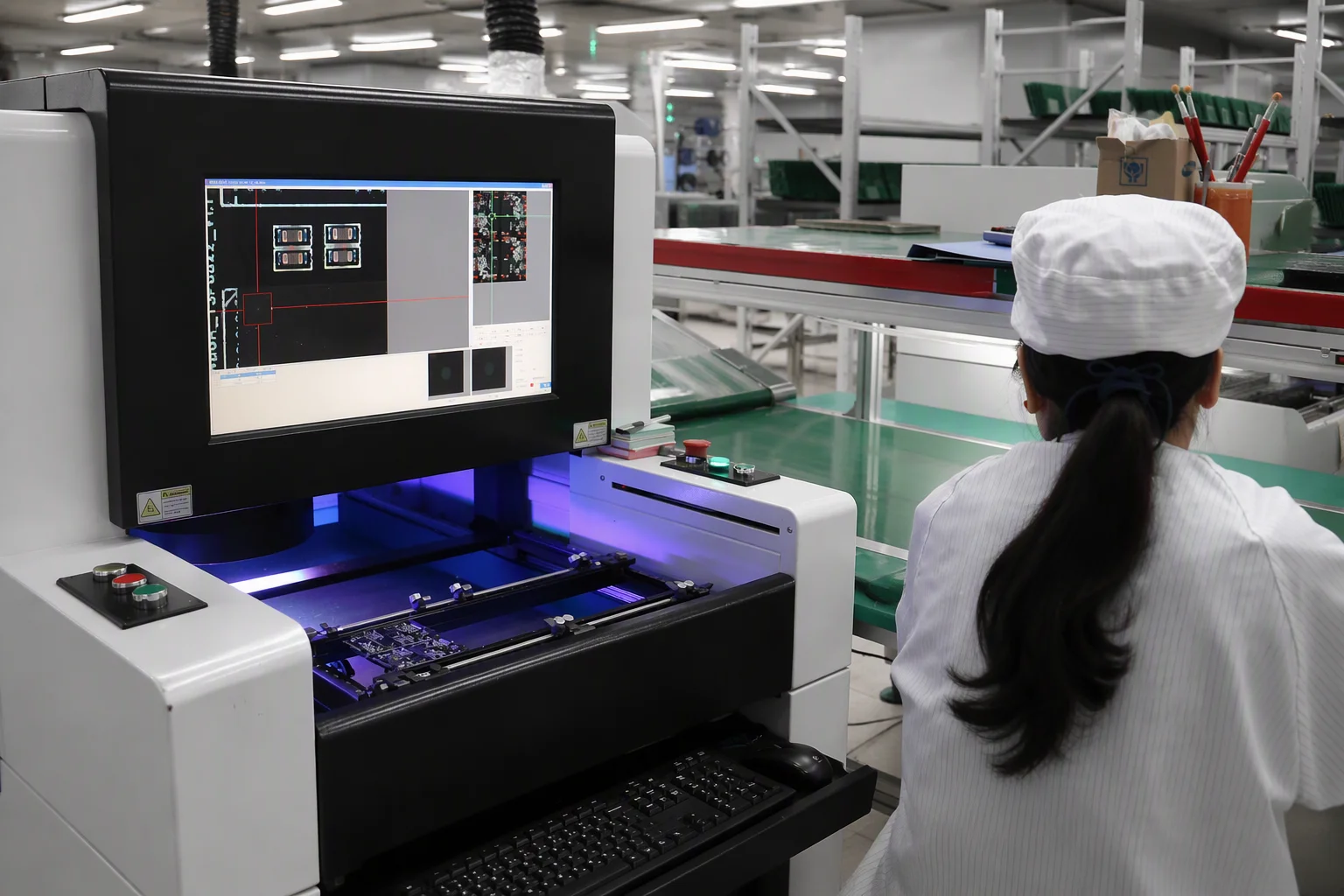 MENTO MT2000 AOI inspection machine beside an SMT line