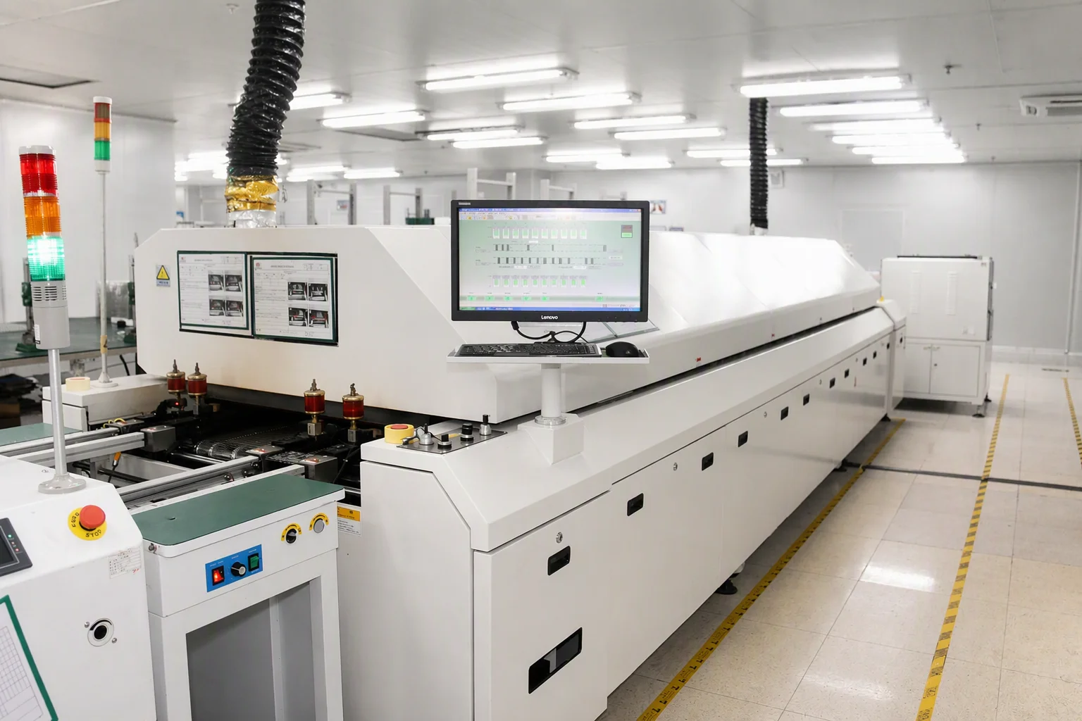 Lead-free reflow oven and operator control console on the VoltFab floor