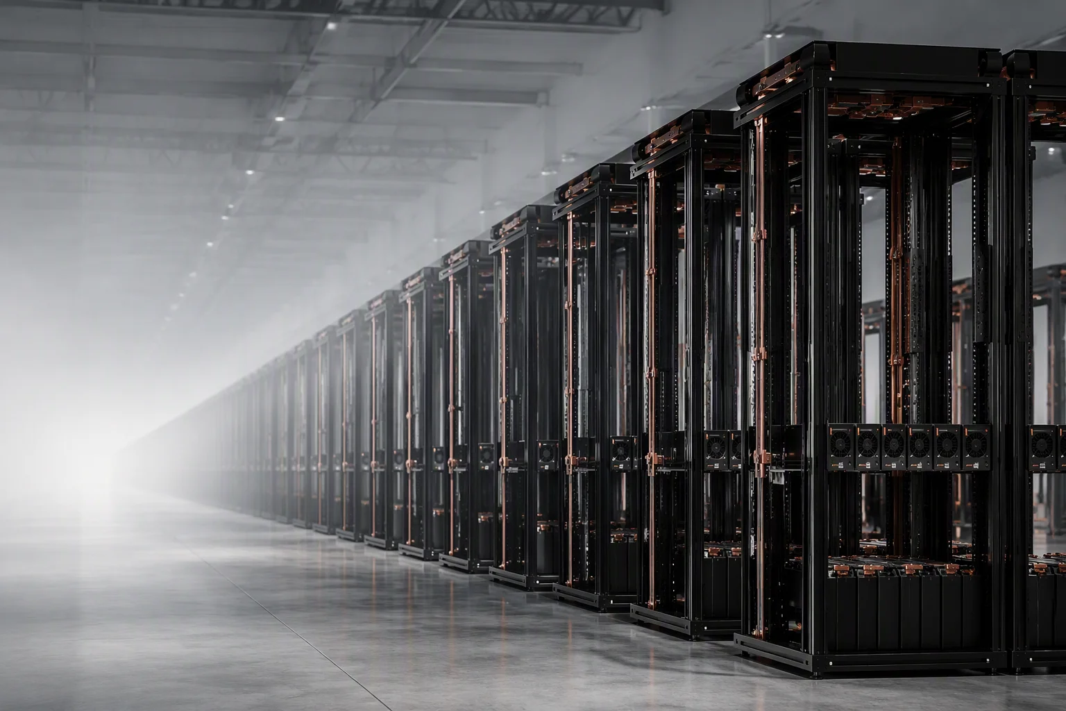 GPU rack row under overhead busway in an AI data hall