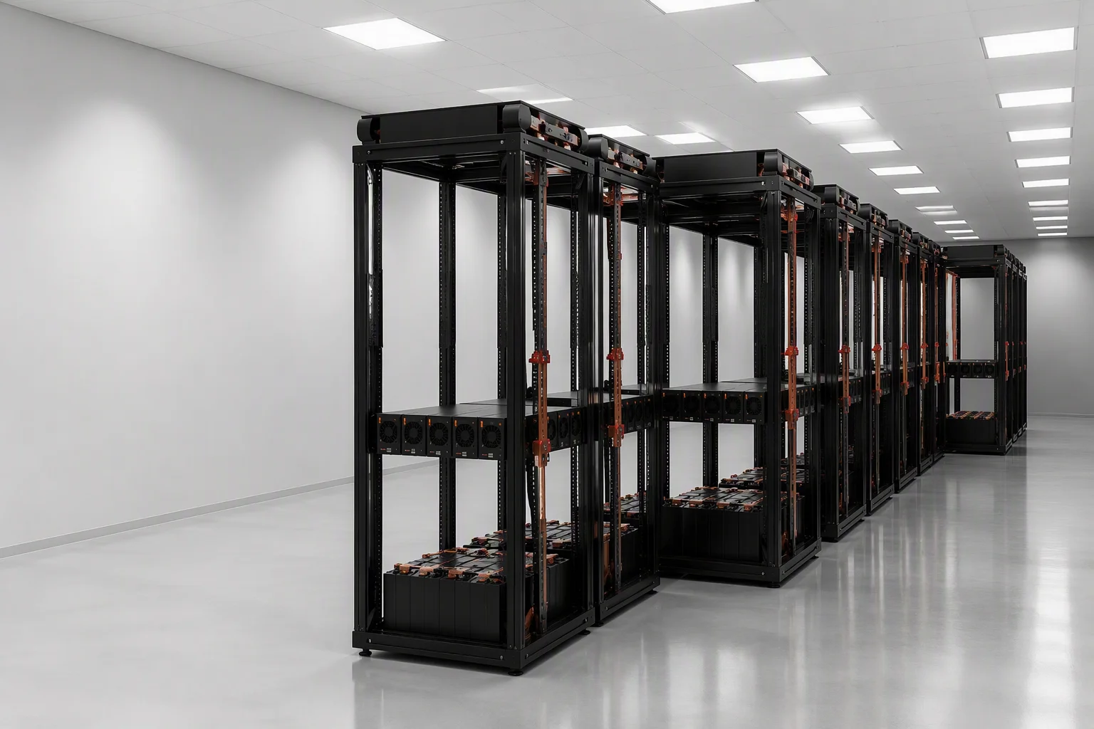 Liquid-cooled HPC cabinet row with high-current overhead feed
