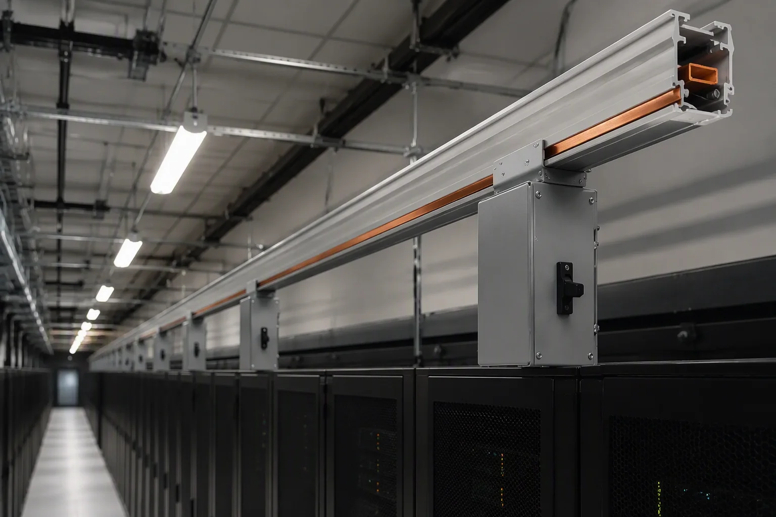 Overhead track busway above server racks