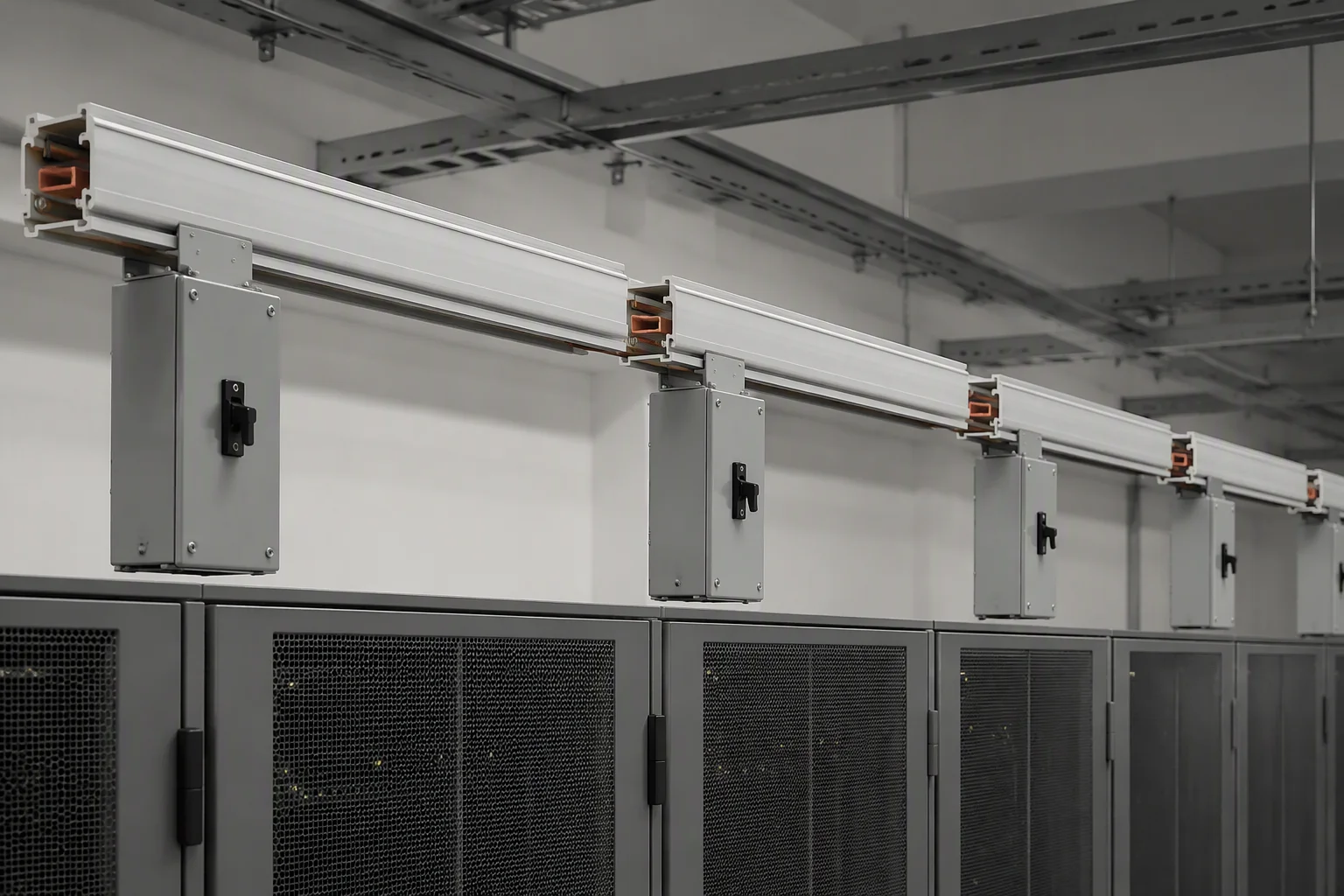 Overhead track busway installed above AI compute rows