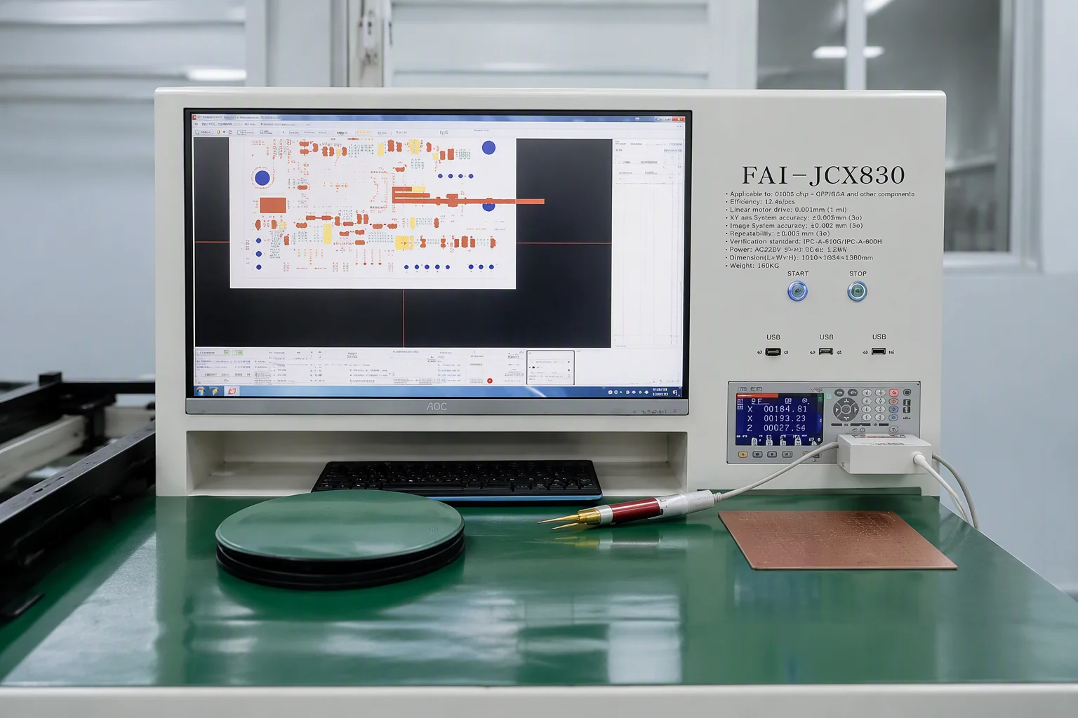 FAI830 first-article inspection station measuring a power board