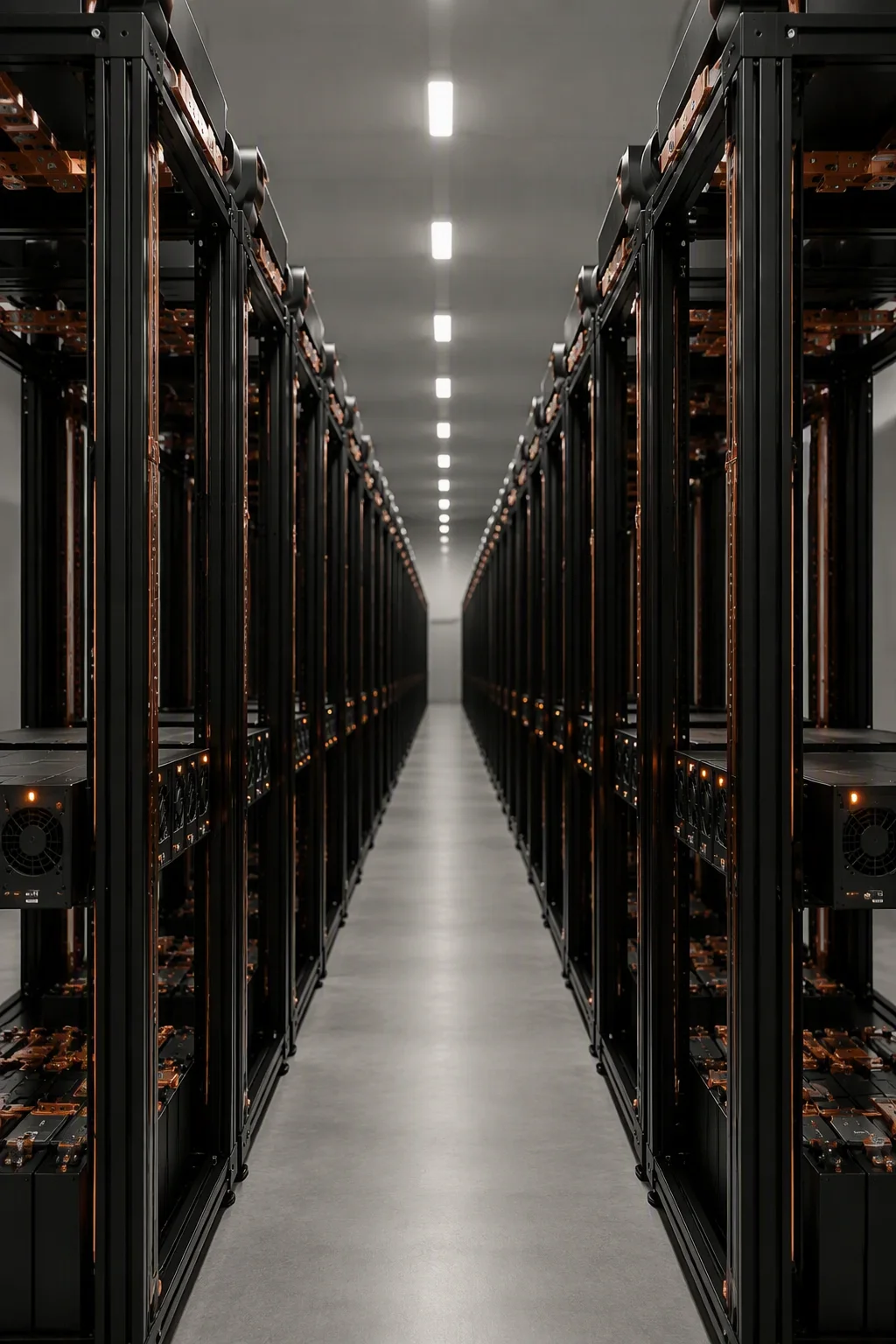 Vertical view of busway riser feeding an AI rack row
