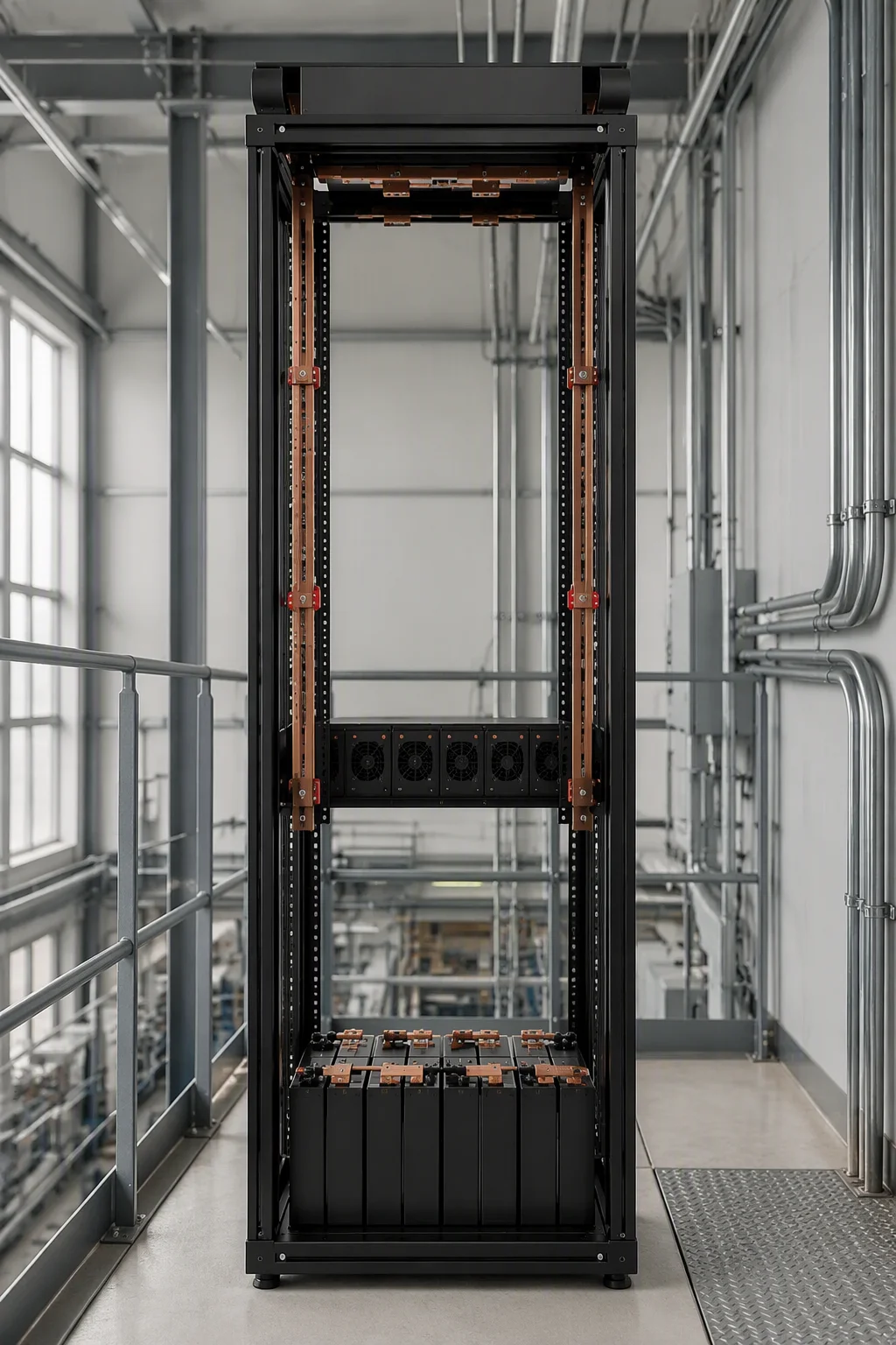 Vertical view of industrial PDU with secured outlets in a plant cabinet