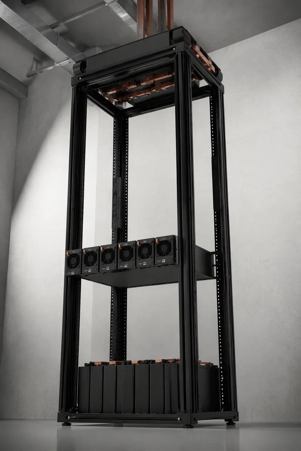 Integrated rack power build with busway drop, PDU and power shelf, vertical view